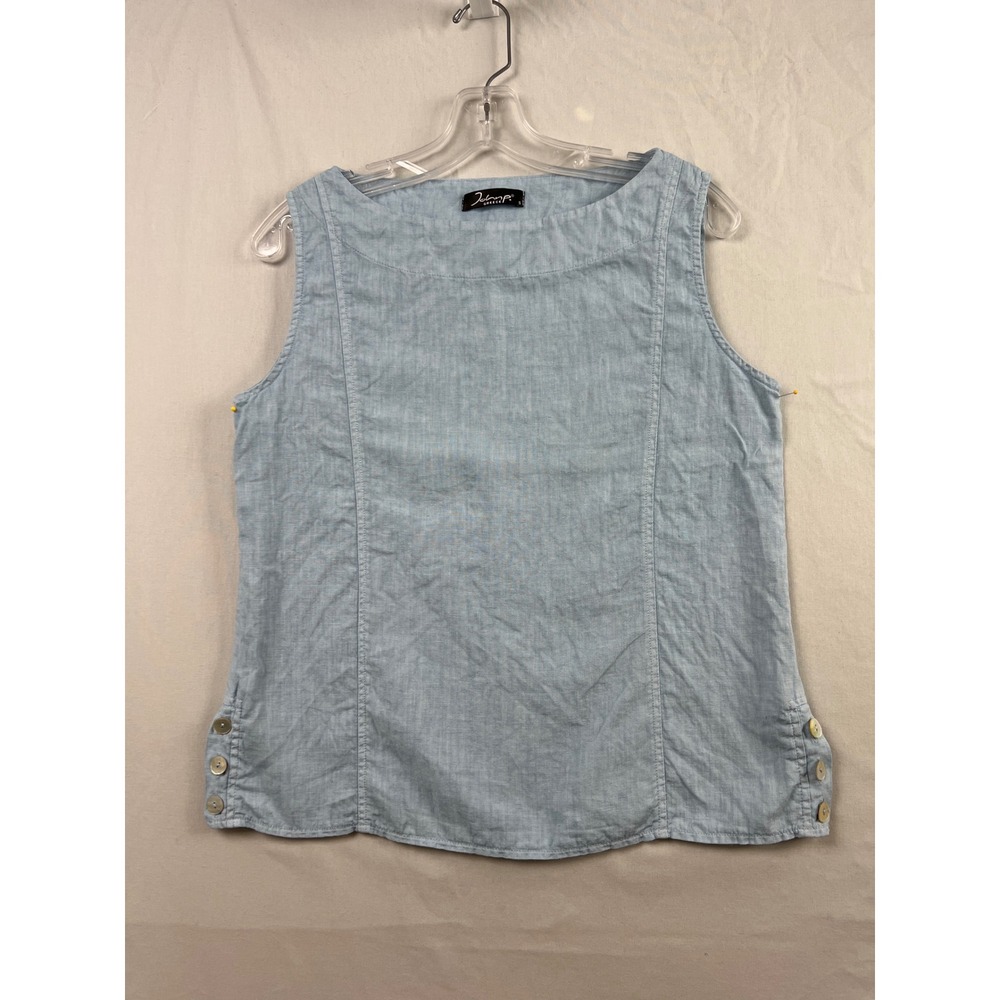 John P Greece Linen Tank Top Womens S Blue Boat Neck Side Button Shell Accent